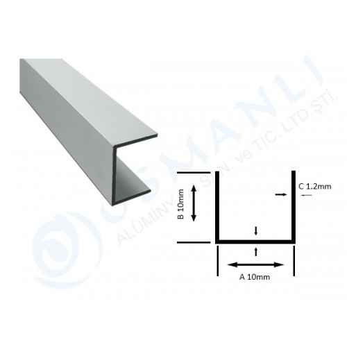 Alüminyum U profil 10mm X 10mm X 10mm X 1.2mm Alüminyum U profil 10mm X 10mm X 10mm X 1.2mm